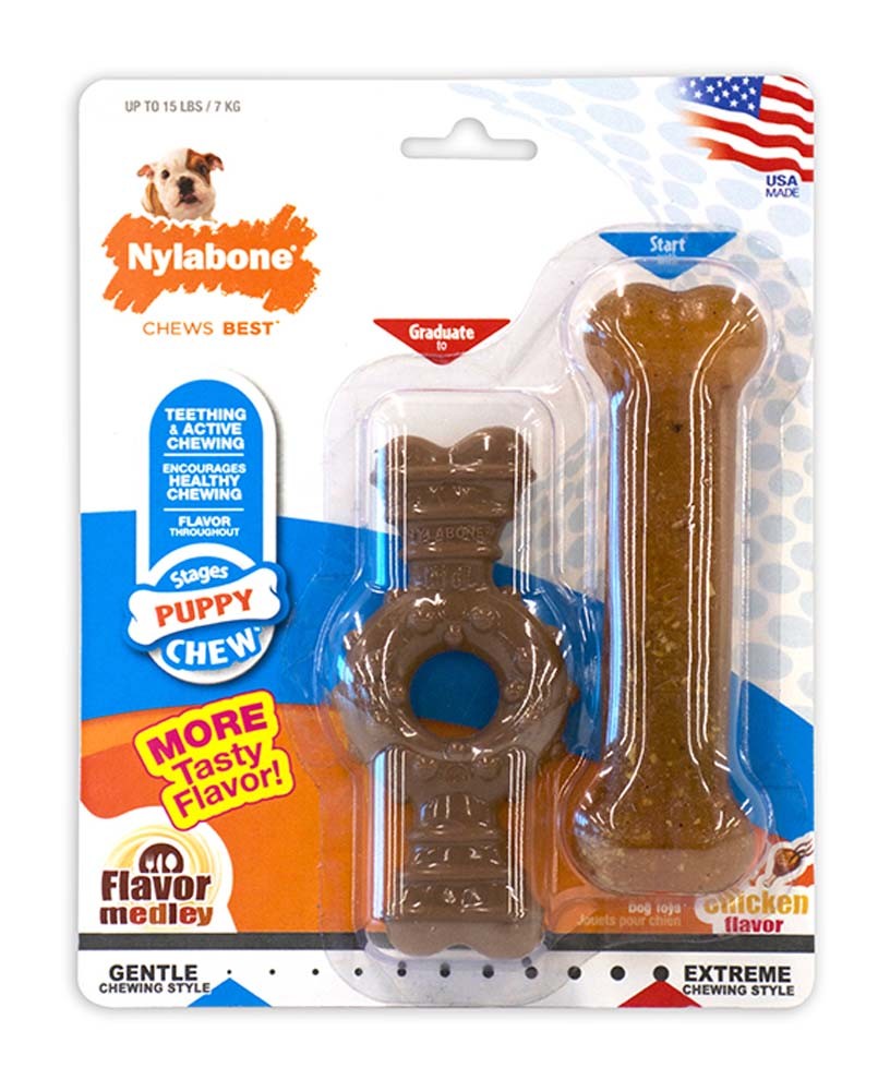 Nylabone Just for Puppies Teething Chew Ring Bone Ring Bone Twin Pack Flavor Medley & Chicken Flavor 1ea/XS/Petite - Up To 15 lb