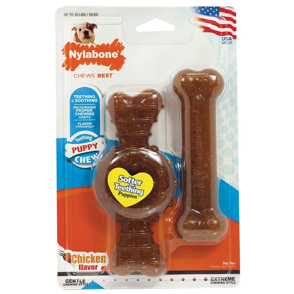 Nylabone Just for Puppies Teething Chew Ring Bone Ring Bone Twin Pack Chicken 1ea/Medium/Wolf - Up To 35 lb