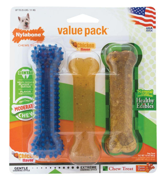 Nylabone Healthy Edibles and Flexi Chew Value Pack Variety, SMall/Regular  Up To 25 Ibs. 3 ct