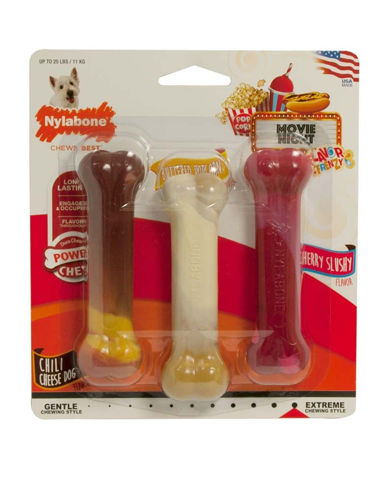 Nylabone Flavor Frenzy Power Chew Triple Pack Chili Cheese Dog, Popcorn & Cherry 1ea/SMall/Regular - Up To 25 Ibs.