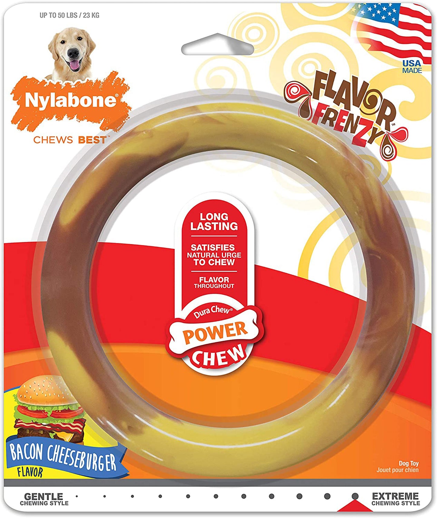 Nylabone Power Chew Flavor Frenzy Ring Dog Chew Toy Bacon Cheeseburger 1ea/Large/Giant - Up To 50 lb