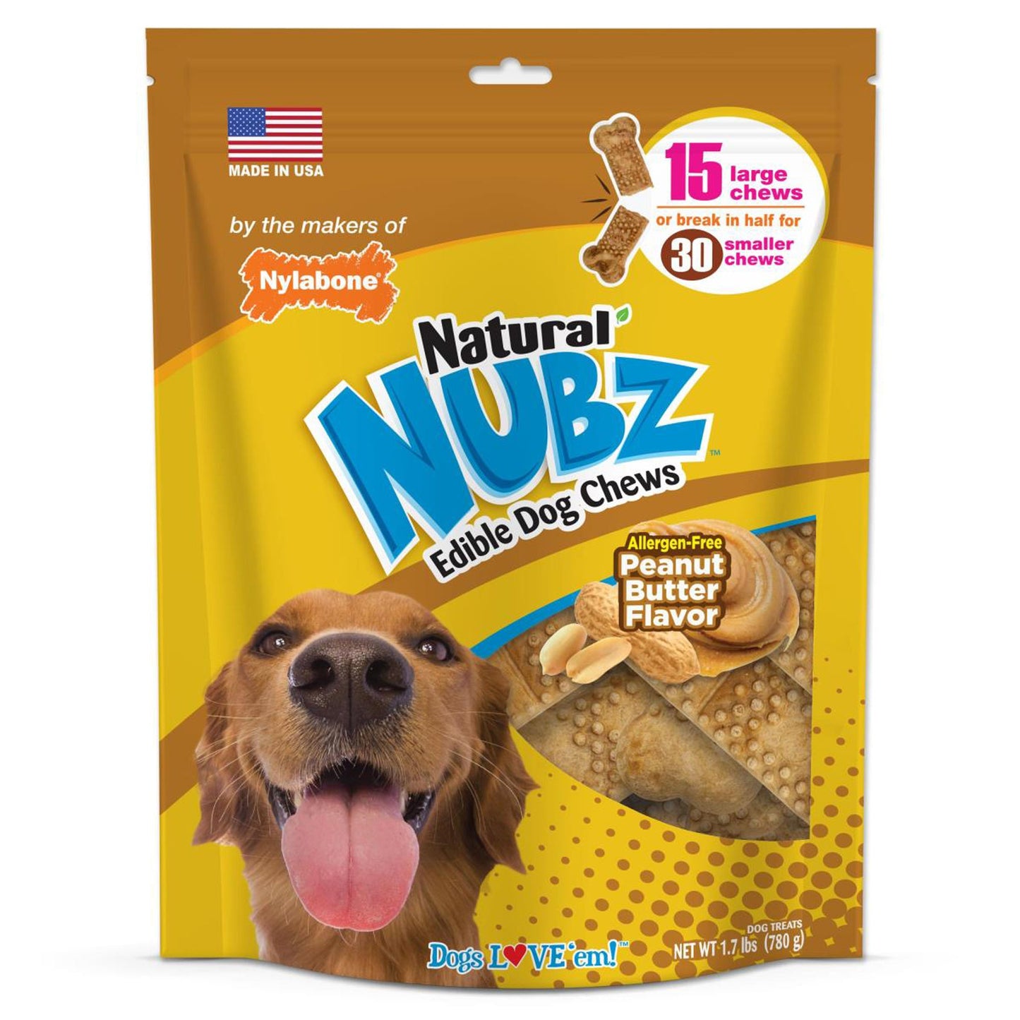 Nylabone Natural Nubz Dog Treats, AllergenFree Peanut Butter Peanut Butter, Large  30 Lbs. 15 ct