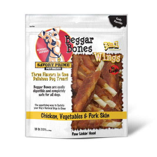 Savory Prime Beggar Bone 3in1 Wings Dog Treat Chicken, Vegetable & Pork, 1ea/15 ct